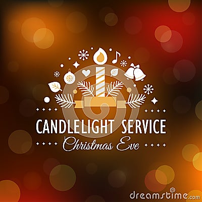 Christmas Eve Candlelight Service Invitation Card on Blurry Bokeh Background Vector Illustration