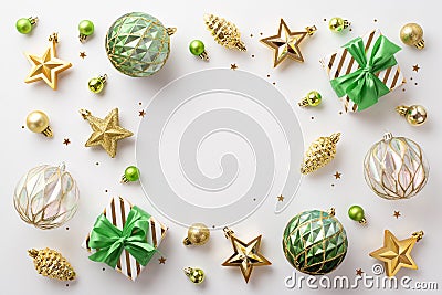 Christmas Eve concept. Top view photo of gift boxes with ribbon bows gold green transparent baubles star pine cone ornaments and Stock Photo