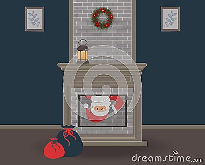 Christmas eve. Cute funny Santa Claus sneaks into the house through the fireplace and you can only see his face Vector Illustration