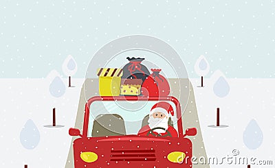 Christmas eve: cute Santa Claus is going to a holiday in a red car Vector Illustration