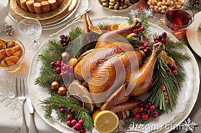 A Christmas Eve dinner with a roasted turkey and all the trimmings, Generated AI Stock Photo