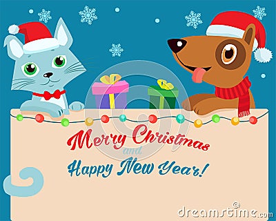 Christmas Eve. Happy Cartoon Cat And Dog Friendship With Santa Hat Vector. Cartoon Vector Illustration Holiday Winter Background. Vector Illustration