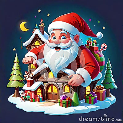 Christmas eve santa gift giving elf workshop happy present Cartoon Illustration