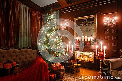 Christmas evening by candlelight. classic apartments with a white fireplace, decorated tree, sofa, large windows and Stock Photo