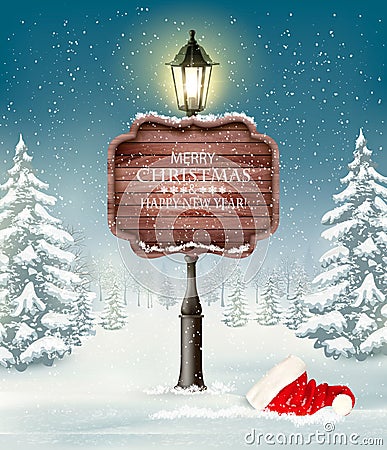 Christmas evening winter landscape with lamppost. Vector Illustration