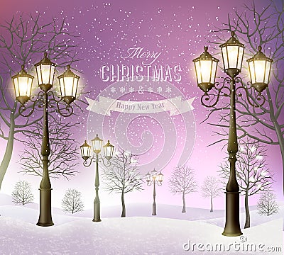 Christmas evening winter landscape with lampposts. Vector Illustration