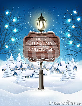 Christmas evening winter landscape with lampposts and a winter village with christmas trees. Vector Vector Illustration