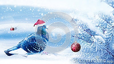 Christmas fabulous image. A dove in a santa claus hat decorates a Christmas tree in a winter magic forest. New Year card. Stock Photo