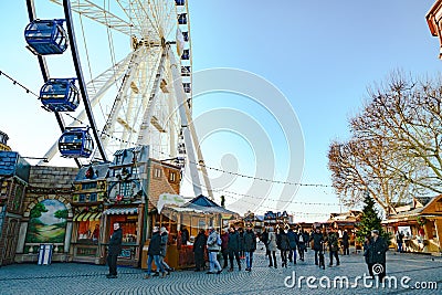 Christmas fair and big wheel, Dusseldorf, Burgplatz on River Rhine Editorial Stock Photo