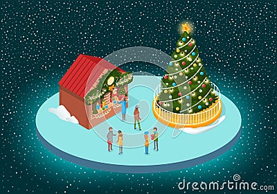 Christmas Fair with Fir-tree and Shop-Fairs Vector Vector Illustration