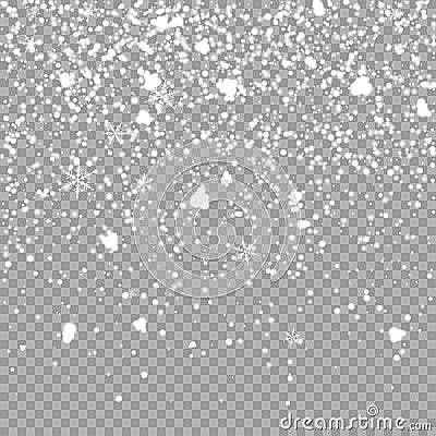 Christmas falling snow overlay on transparent background. Snowflakes storm layer. pattern for design. Snowfall Vector Illustration