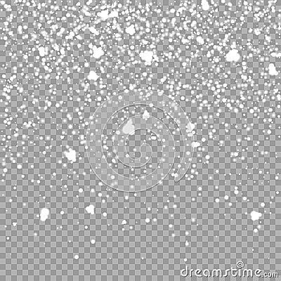 Christmas falling snow overlay on transparent background. Snowflakes storm layer. Snow pattern for design Vector Illustration