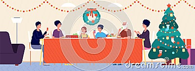 Christmas family dinner. Holiday living room interior, traditional eating. Seniors, children sitting at festive table Vector Illustration