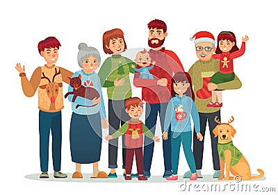 Christmas family portrait. Happy xmas holiday people, big family in ugly sweaters cartoon vector illustration Vector Illustration