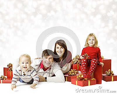 Christmas Family Portrait, Kid and Baby With New Year Present Stock Photo