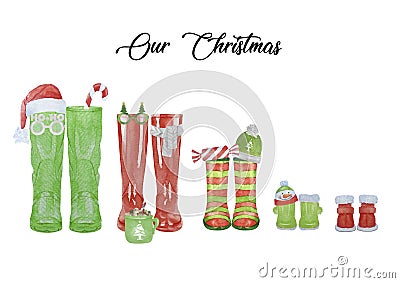 Christmas family print concept with watercolor wellies boots for five. Red and green rain boots xmas collection. Rubber boots Stock Photo