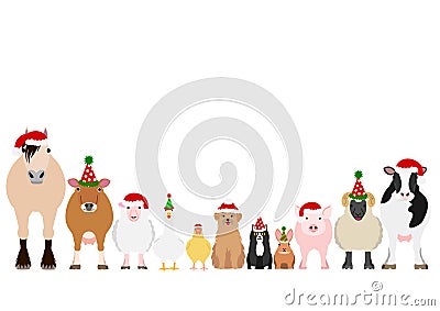 Christmas farm animals border set Vector Illustration