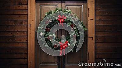 Christmas Farmhouse Wreath Decoration on wooden wall, door. Farmhouse Style Home Welcome Wreath for Happy Holidays Stock Photo