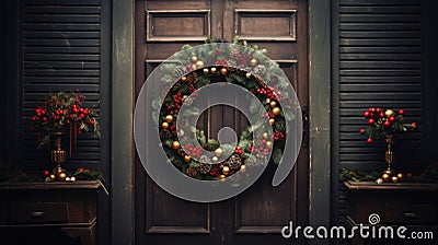 Christmas Farmhouse Wreath Decoration on wooden wall, door. Farmhouse Style Home Welcome Wreath for Happy Holidays Stock Photo