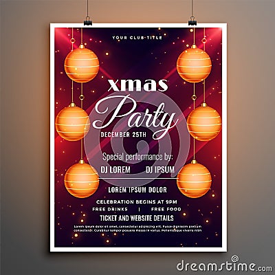 Christmas festival party flyer template with hanging balls Vector Illustration