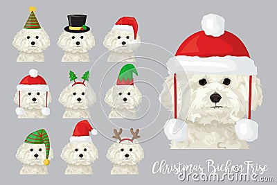 Christmas festive bichon frise dog wearing celebration hats Vector Illustration