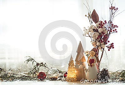 Christmas festive decor still life on wooden background, concept of home comfort and holiday Stock Photo