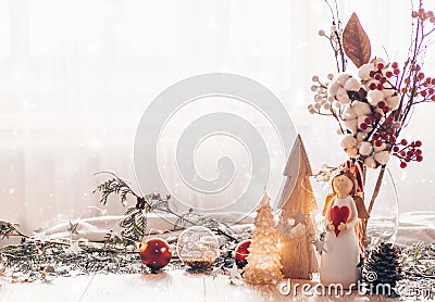 Christmas festive decor still life on wooden background, concept of home comfort and holiday Stock Photo