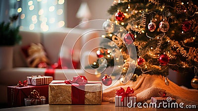 Christmas festive decorated background with gifts under fir tree. Generative AI Stock Photo