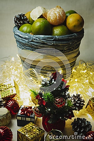 Christmas Festive Decoration Set With a Small Christmas Tree and Tangerines. Still Life Stock Photo