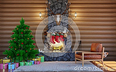 Christmas festive decorations. Room interior in log cabin building with stone fireplace. Christmas living room interior Stock Photo