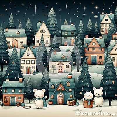 Christmas festive time wallpaper in cartoon naif style and pastel colors with white bear cubs, decorated Christmas trees Cartoon Illustration