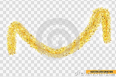 Christmas festive traditional decorations golden lush tinsel. Xmas Detailed wide ribbon garland . Holiday realistic decor Stock Photo