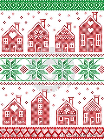 Christmas and festive winter pattern in cross stitch style with gingerbread house village including decorative elements Vector Illustration