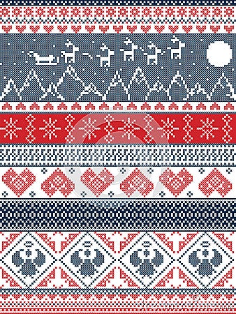 Christmas, festive winter seamless pattern in cross stitch with Xmas trees, snowflakes, Reindeer,mountains, moon, Sleigh, angels Vector Illustration