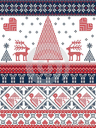 Christmas and festive winter seamless pattern in cross stitch with Xmas trees, snowflakes, Reindeer, stars, hearts in red, blue Vector Illustration