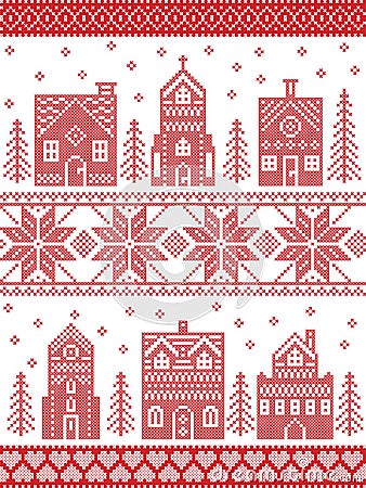 Christmas and festive winter village pattern in cross stitch style with gingerbread house, church, little town buildings, trees Vector Illustration