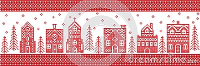 Christmas and festive winter wonderland village pattern in cross stitch style with gingerbread house, church little town buildings Vector Illustration