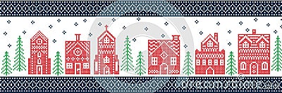 Christmas, festive winter wonderland village pattern in cross stitch style with gingerbread house, church, little town house Vector Illustration