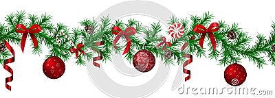 Christmas fir border with hanging garland, fir branches, red and silver baubles, pine cones and other ornaments Vector Illustration