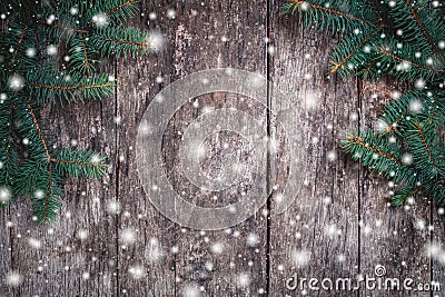 Christmas Fir branches on wooden background. Xmas and Happy New Year composition. Stock Photo