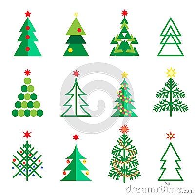 Fir tree icons set Winter Holiday christmas decoration Vector Illustration