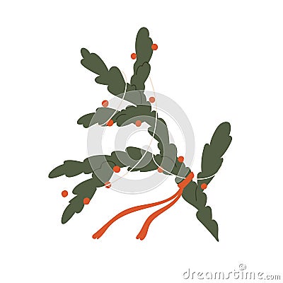 Christmas fir tree branch decorated with festive ornament, decor. Xmas spruce, firtree twig with decoration for winter Vector Illustration