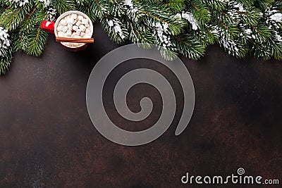 Christmas fir tree, hot chocolate and marshmallow Stock Photo