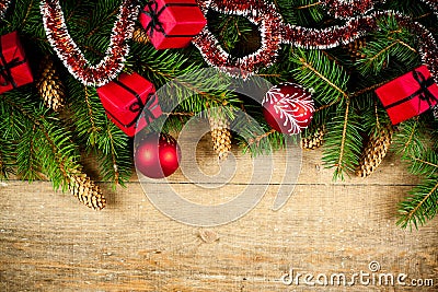 Christmas fir tree with pinecones and decorations Stock Photo