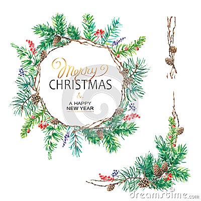 Christmas fir wreath with red berries. Pine wreath. Spruce new year wreath. Vector illustration Vector Illustration