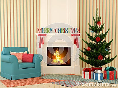 Christmas fireplace with blue chair and tree Stock Photo