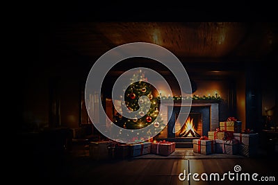 a christmas fireplace cozy warm hearth fire warmth home together family holiday season decorations tree candle light candles glow Stock Photo