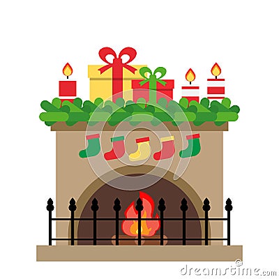 Christmas fireplace decoration with socks candles gift boxes isolated on white background Vector Illustration