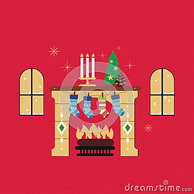 Christmas fireplace red background vector Vector Illustration