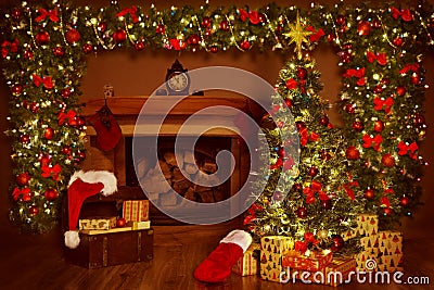 Christmas Fireplace and Xmas Tree, Presents Gifts Decorations Stock Photo